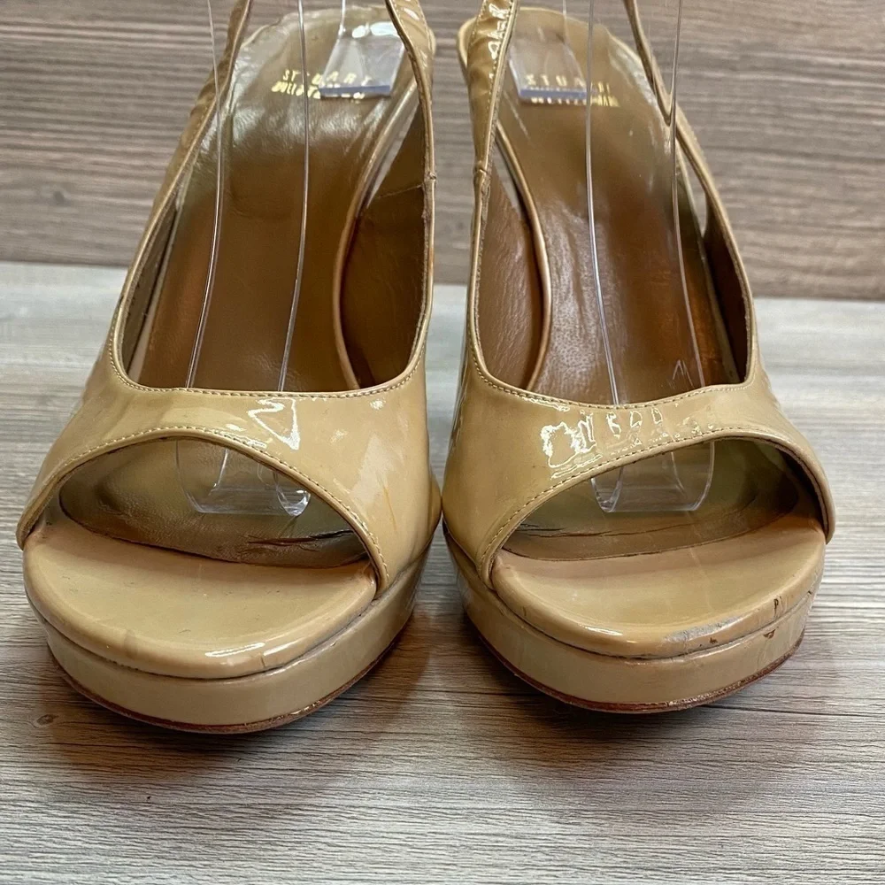 Stuart Weitzman beige patent leather ankle strap platform open toe heels size 8
